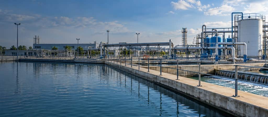 Industrial water treatment plant with open basins, piping and process tanks