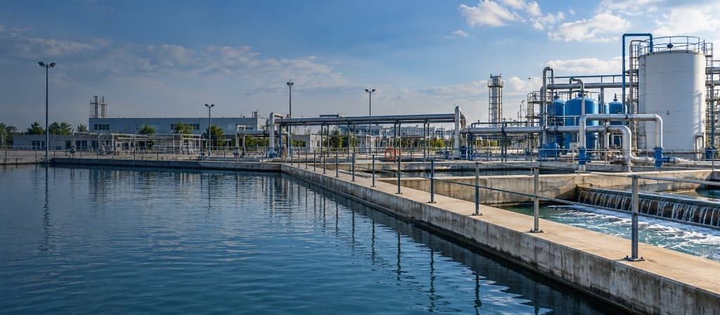 Industrial water treatment plant with open basins, piping and process tanks